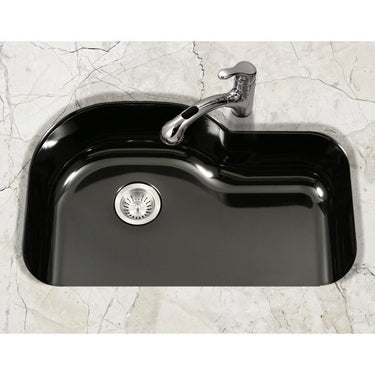 Houzer BL Porcela Series Porcelain Enamel Steel Undermount Offset Single Bowl Kitchen Sink, Black Kitchen Sink - Undermount Houzer